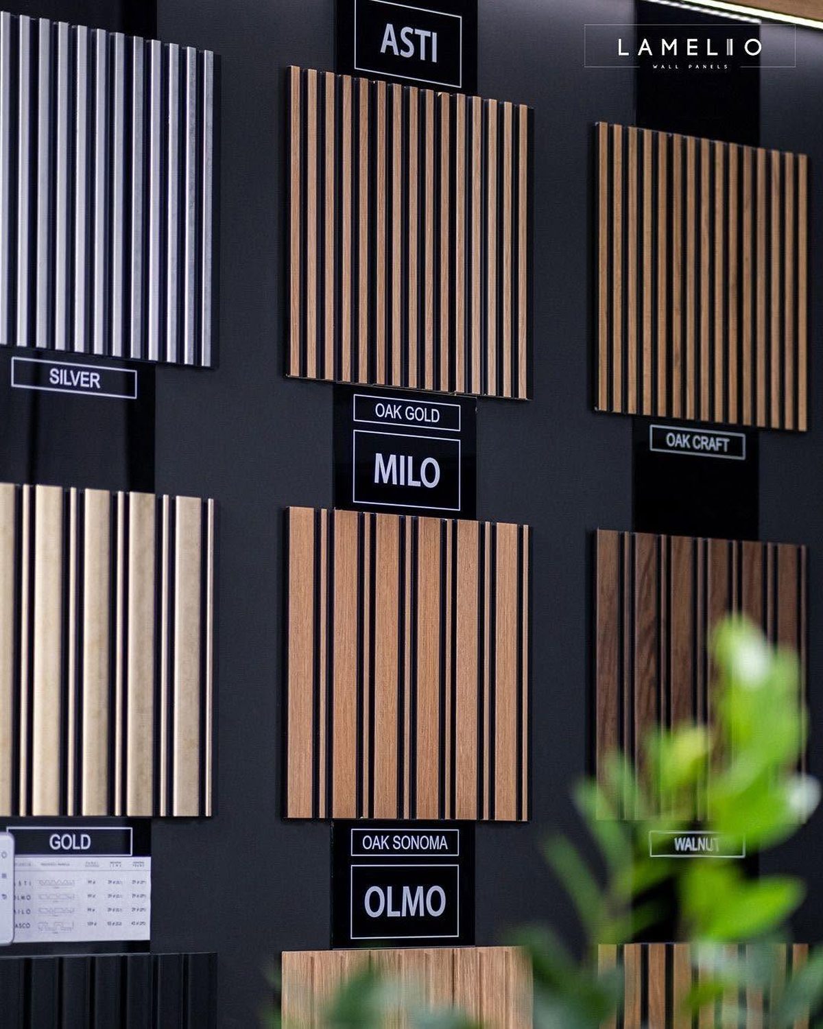 Vzorkovník dekorov lamelových panelov v predajni wallpanelspn — Silver, Milo, Oak Gold, Olmo, Walnut